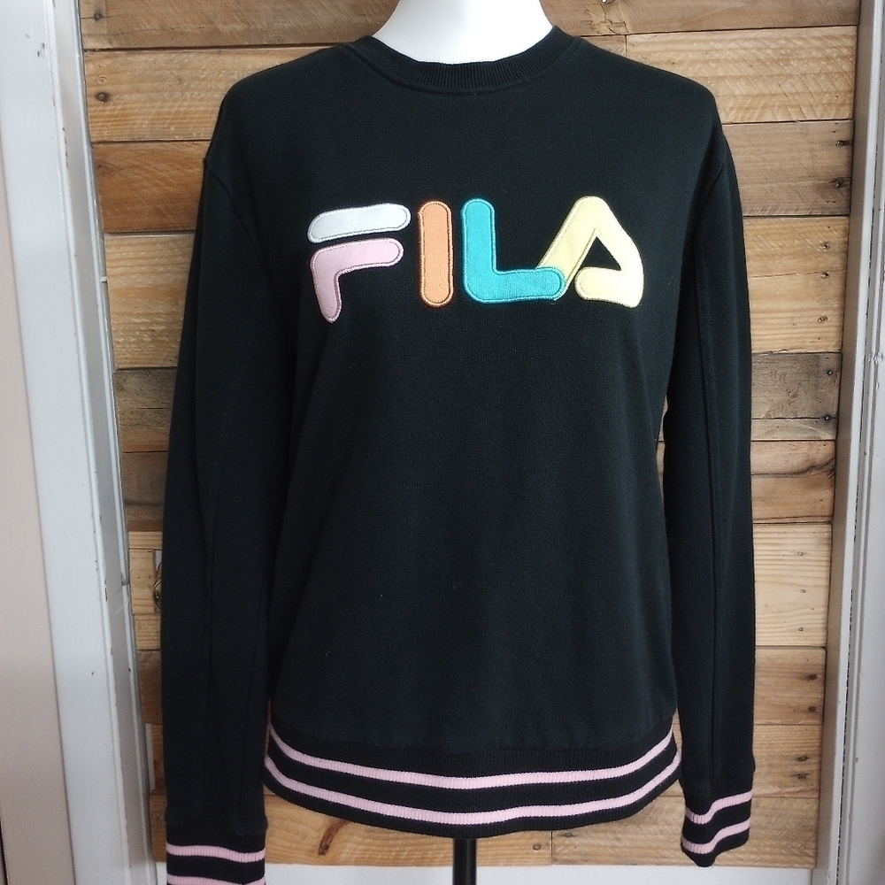 FILA Women Logo Black Pullover Long Sleeve Crew Neck Sweatshirt Medium Retro Y2K